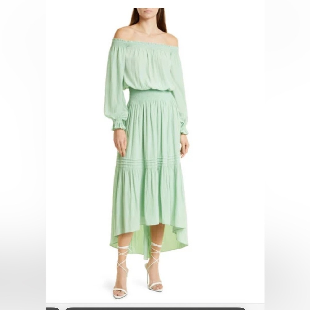 Ramy Brook homer off shoulder long sleeve dress in pistachio